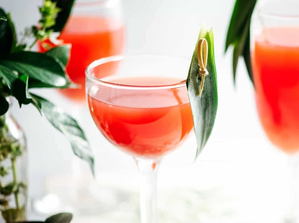 Three red cocktails with decorative leaves on glasses.