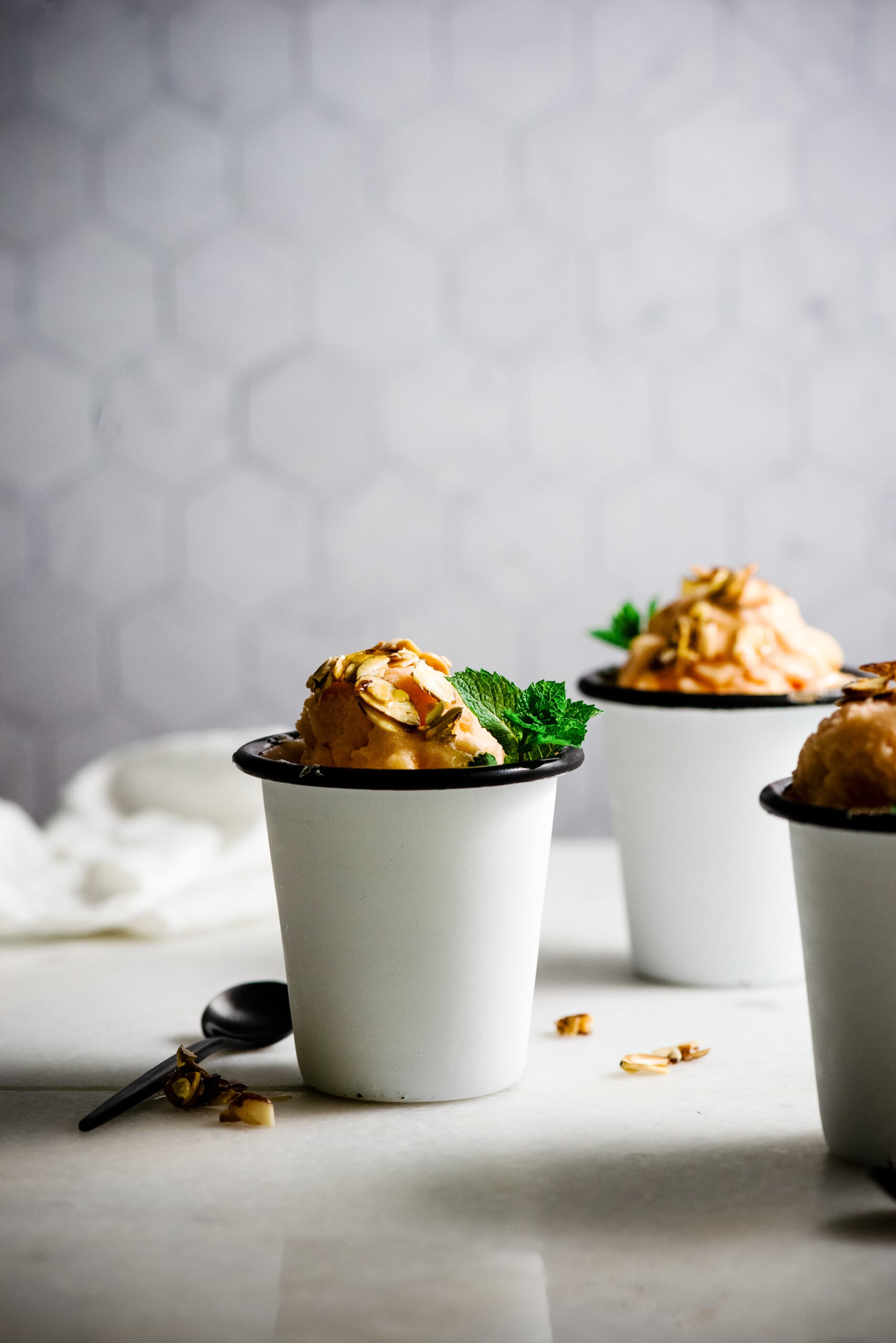 peach sorbet recipe on marble table