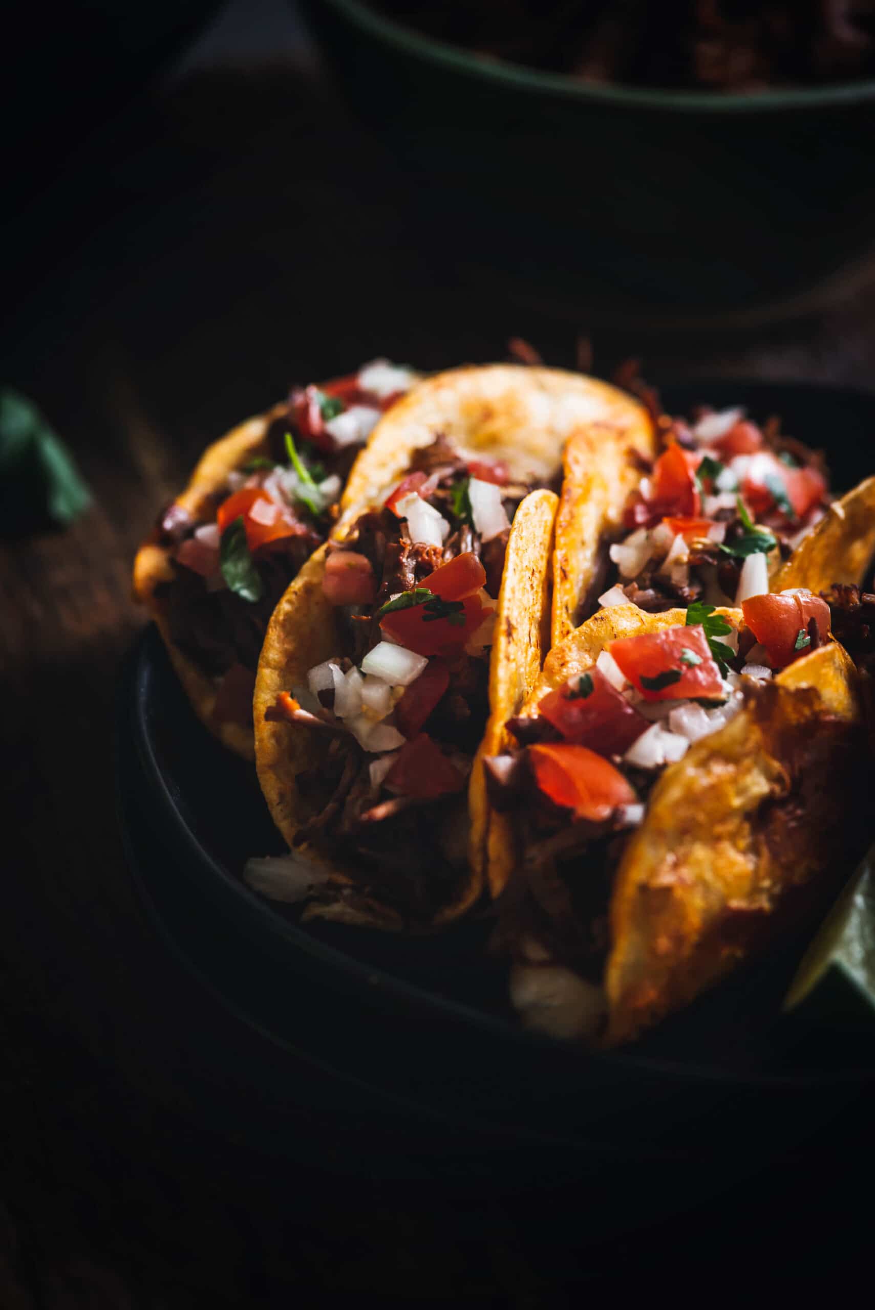 Shredded birria tacos with pico de gallo