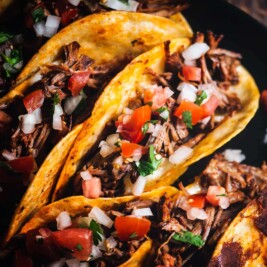 Delicious birria tacos with cilantro and onion.