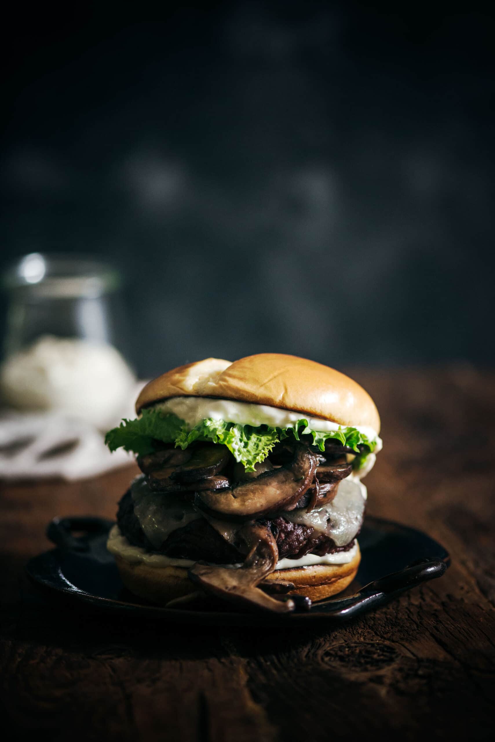 Swiss cheese and mushroom burger recipe with garlic mayo