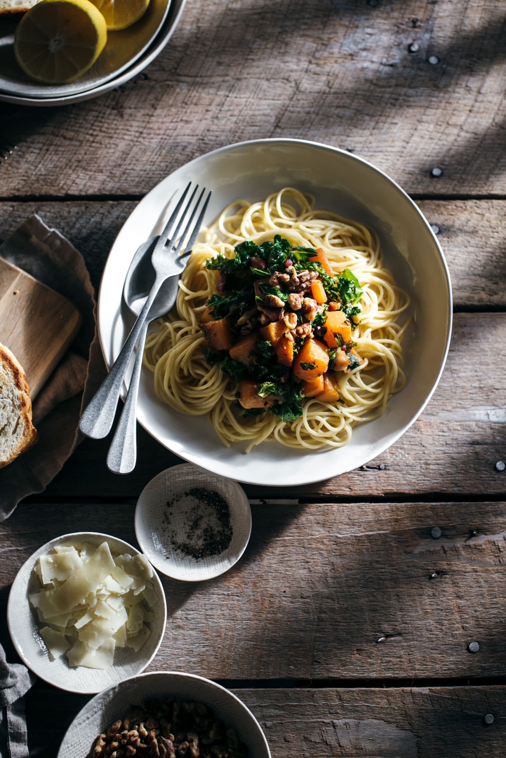 Butternut Squash over pasta on wooden table