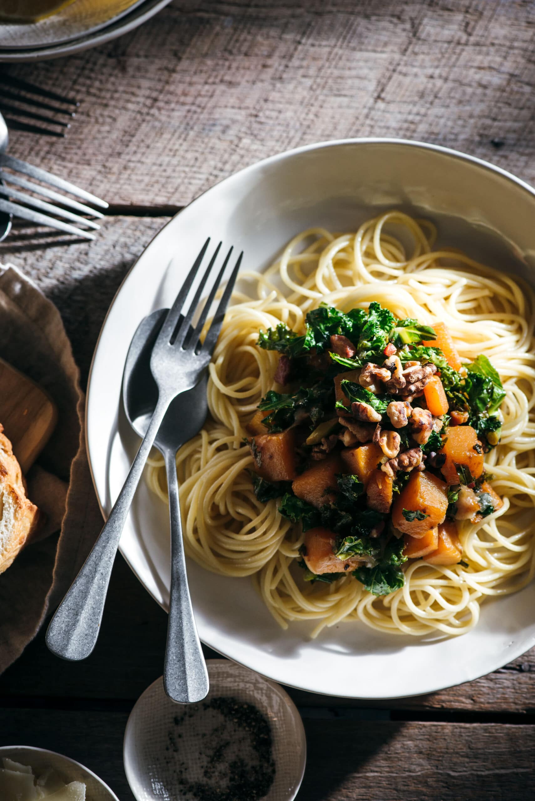 Filled pasta bowl with roasted veg