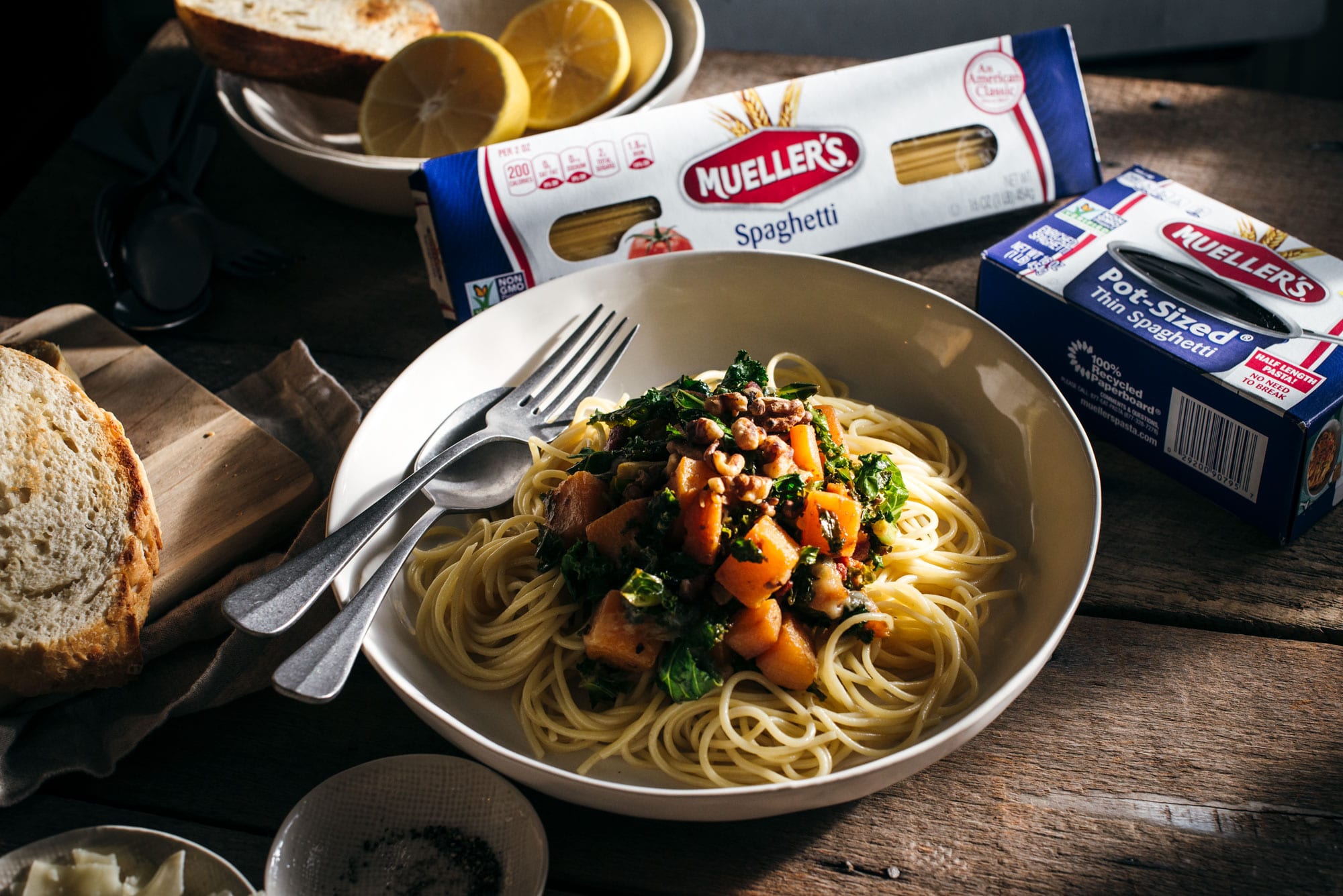 Large bowl of pasta with butternut squash