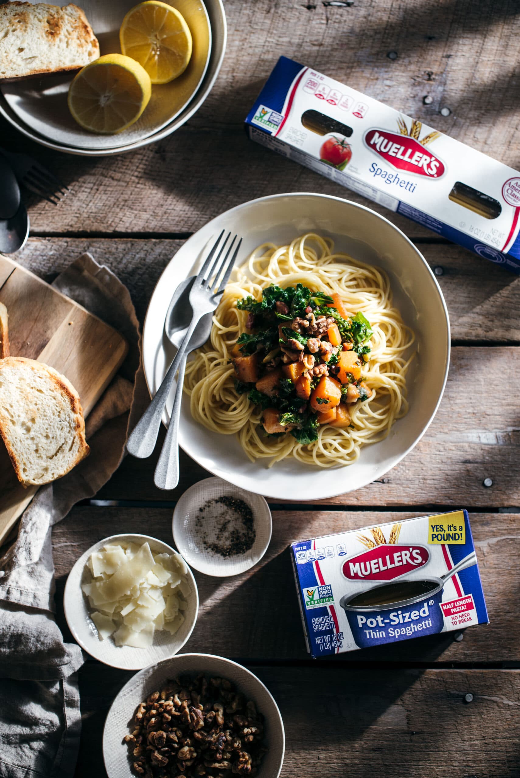 Pasta product with pancetta pasta - flatlay