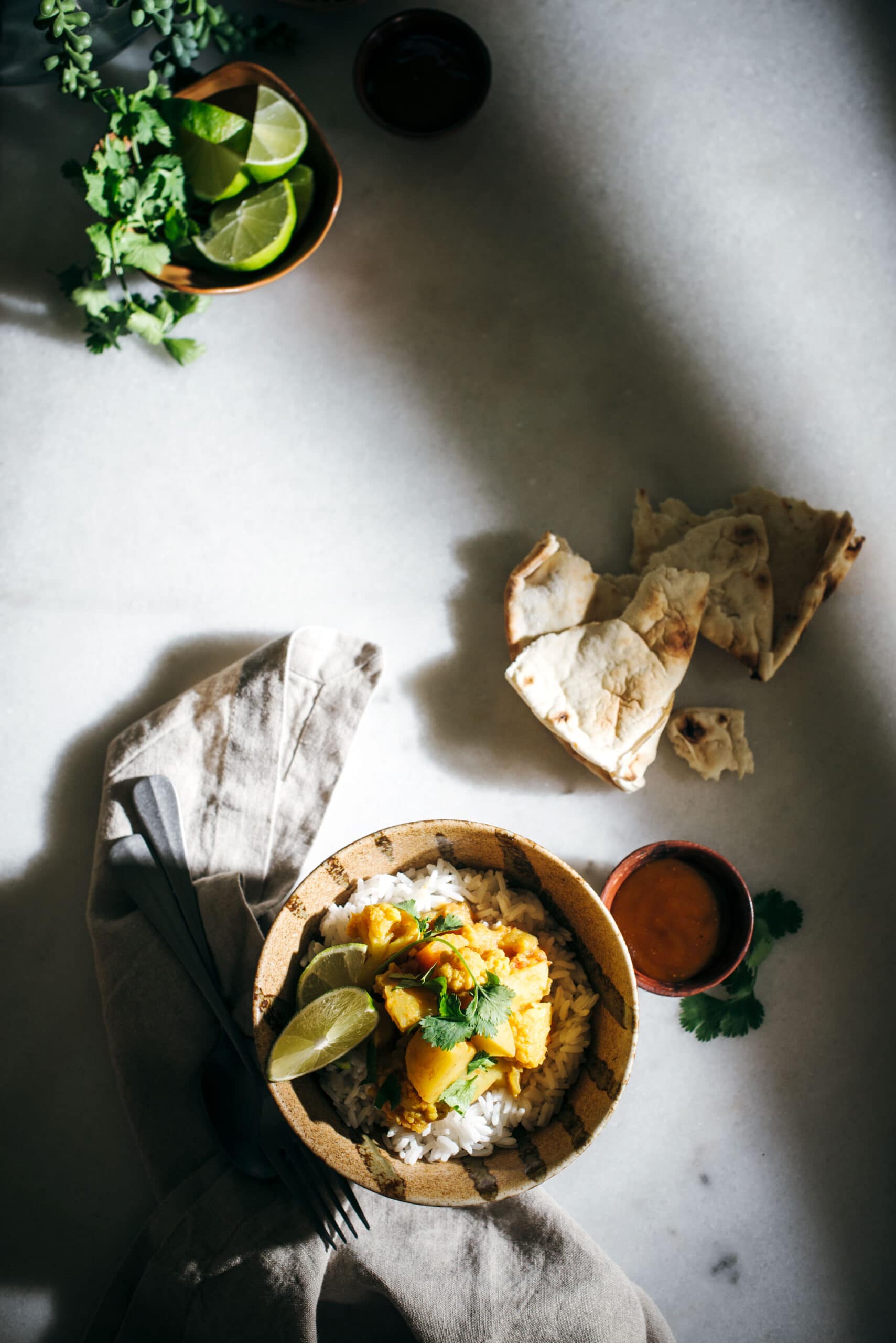 Potato and Chicken Curry with naan bread and mango chutney